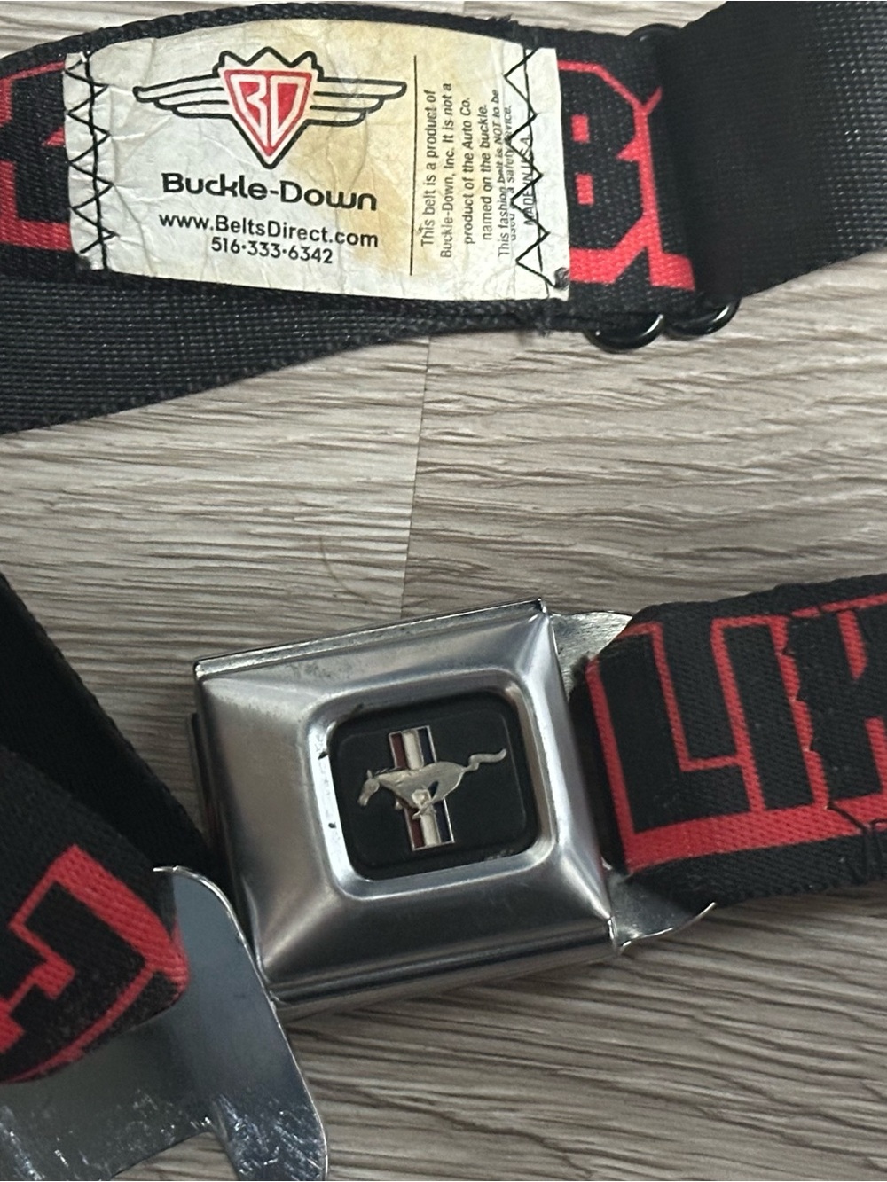 Buckle-Down Black & Red Mustang Seatbelt Belt with Enamel Pony Buckle